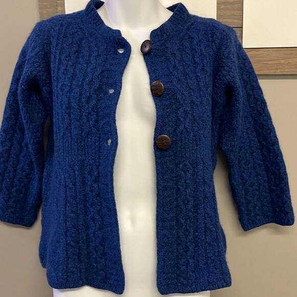 Carraigdonn Made in Ireland Blue Fit Flare Cable Knit Merino Wool Cardigan-Small - Picture 7 of 13